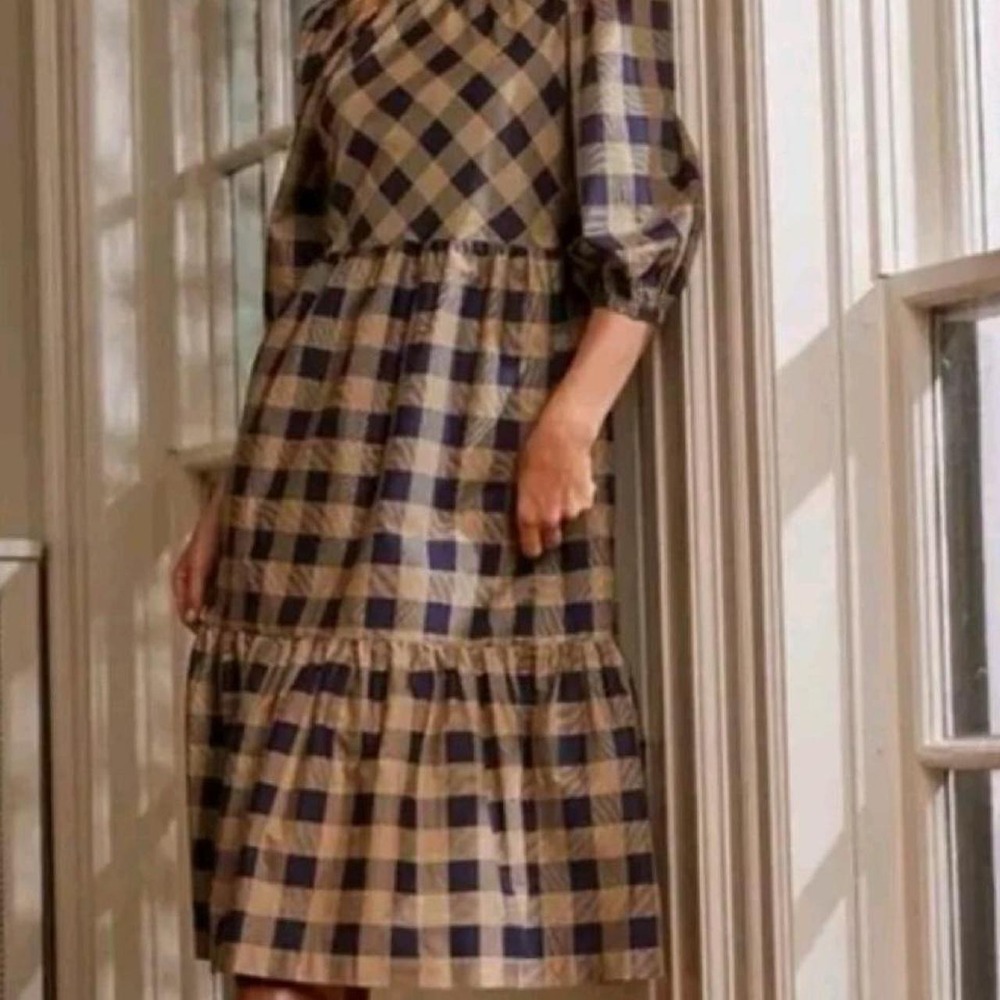 Summersalt The Tiered Midi Dress Women's Size M buffalo check midnight & toffee